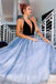 A Line Deep V-Neck Floor Length Sky Blue Prom Dress With Sequined DMQ58
