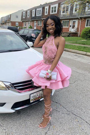 New A Line Pink Short Sleeveless Cake Homecoming Dresses With Appliques Lace DMHD33