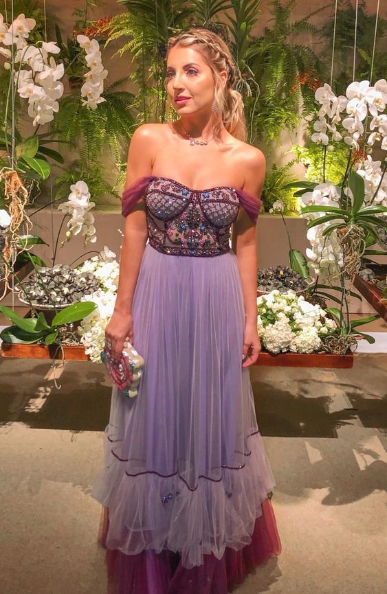 A Line Tulle Long Prom Dress, Off the Shouder Dance Dresses, Evening Party Dresses DMP143