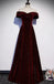 Burgundy Velvet Off the Shoulder A Line Long Prom Dresses Evening Dress DMP205