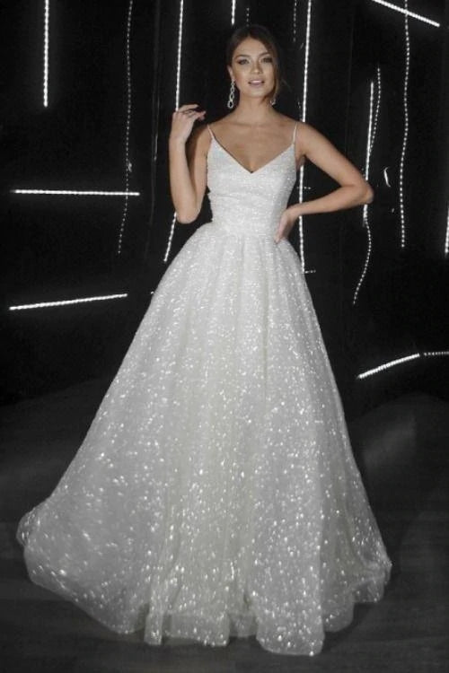Sparkly Charming V Neck Spaghetti Straps Sequins Off White Prom Dress DMP138