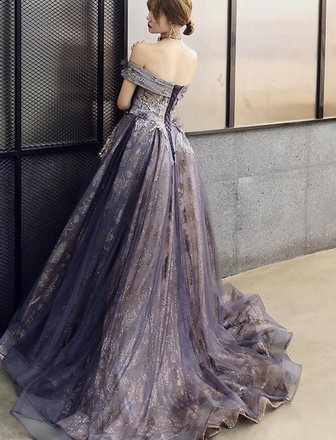 A Line Tulle Of the Shoulder Prom Dresses With Flowers Long Formal Gown DMP028