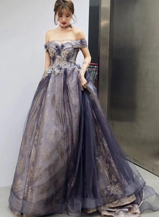 A Line Tulle Of the Shoulder Prom Dresses With Flowers Long Formal Gown DMP028