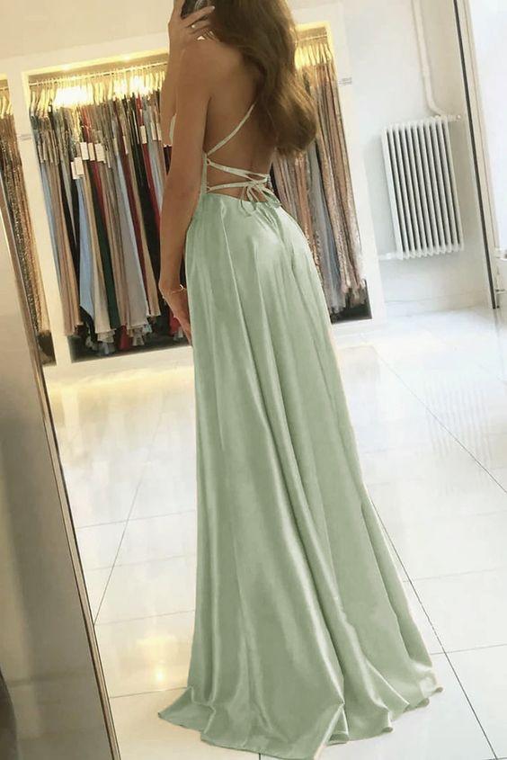 Fashion A Line Sage Green Long Prom Dresses With Slit Formal Evening P Demodresses Fashion A Line Sage Green Long Prom Dresses With Slit Formal Evening P Demodresses