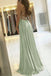 Fashion A Line Sage Green Long Prom Dresses With Slit Formal Evening Party Dress DMP123