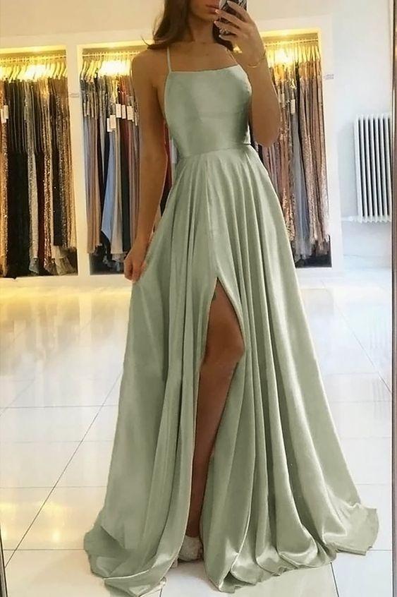 Fashion A Line Sage Green Long Prom Dresses With Slit Formal Evening Party Dress DMP123