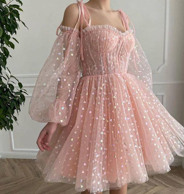 Cute A Line Sweetheart Long Sleeves Pink Short Homecoming Dress Sweet 16 Dresses DM1051