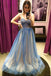 A Line Blue Tulle Long Spaghetti Straps Prom Dresses Formal Evening Dress DMP179