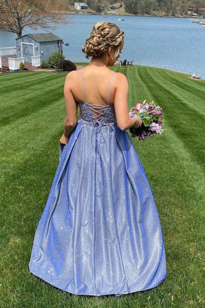 A Line Blue Sweetheart Lace Appliques Spaghetti Straps Long Prom Dresses DMP134