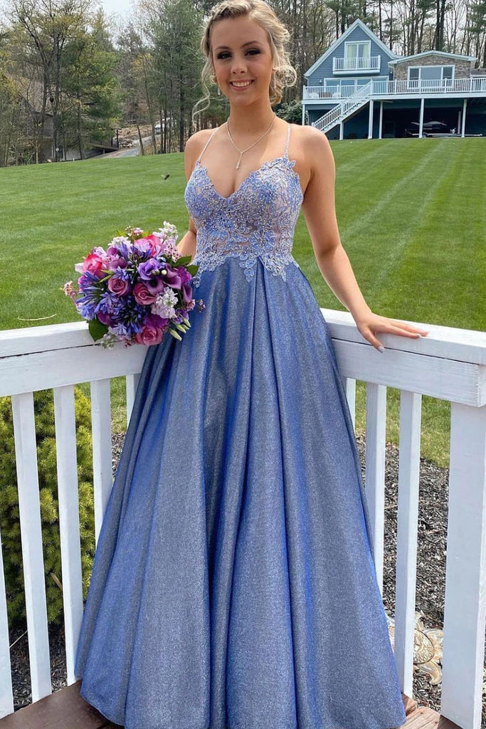 A Line Blue Sweetheart Lace Appliques Spaghetti Straps Long Prom Dresses DMP134