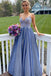 A Line Blue Sweetheart Lace Appliques Spaghetti Straps Long Prom Dresses DMP134