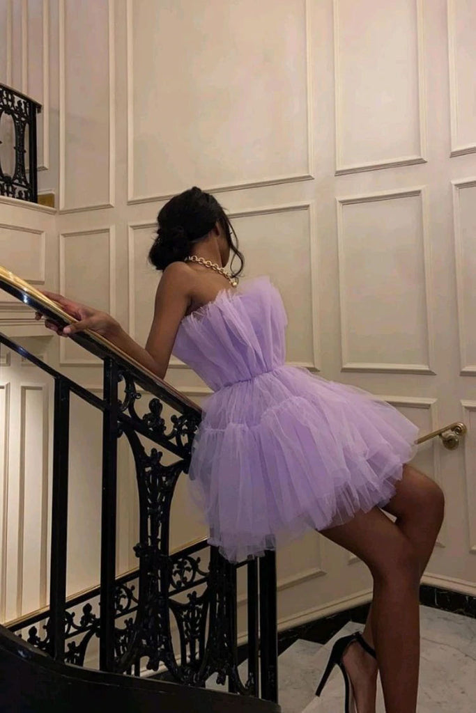 A Line Tulle Short Purple Homecoming Dress Lilac Strapless Graduation Dress DMHD8
