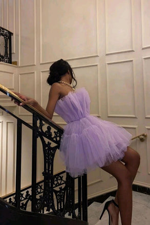 A Line Tulle Short Purple Homecoming Dress Lilac Strapless Graduation Dress DMHD8