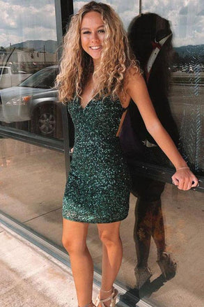 Sheath Dark Green Sequins Mini Homecoming Dress, Sexy V Neck Cocktail Party Dress DM1049