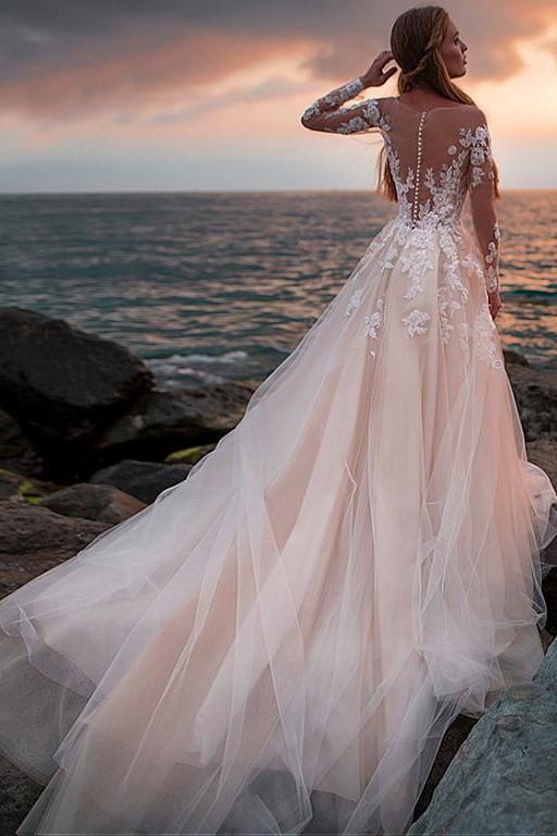 Elegant A Line Tulle Appliques Wedding Dresses with Illusion Lace Long Sleeves DMW53