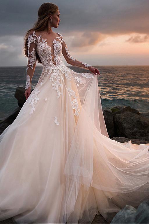 Elegant A Line Tulle Appliques Wedding Dresses with Illusion Lace Long Sleeves DMW53