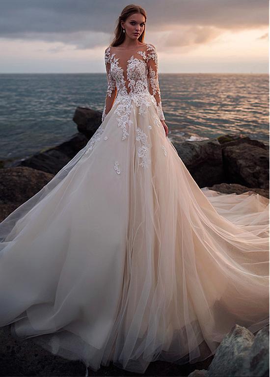Elegant A Line Tulle Appliques Wedding Dresses with Illusion Lace Long Sleeves DMW53