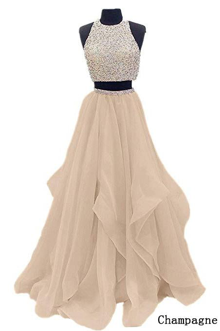 Two Piece Floor Length Burgundy Prom Dress Beaded Open Back Evening Gown DM603