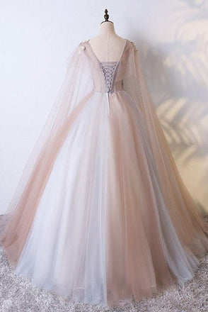 Romantic Tulle V neck Long Evening Dress,Lace Appliques Senior Prom Dress DM990