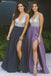 Cheap Long Prom Dresses with Side Slit V Neck Beaded Prom Dress DMP6