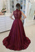 Cheap Maroon Lace Top Prom Dresses Long Burgundy Evening Gown with High Neck DMI28
