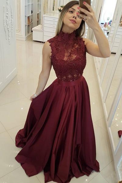 Cheap Maroon Lace Top Prom Dresses Long Burgundy Evening Gown with High Neck DMI28