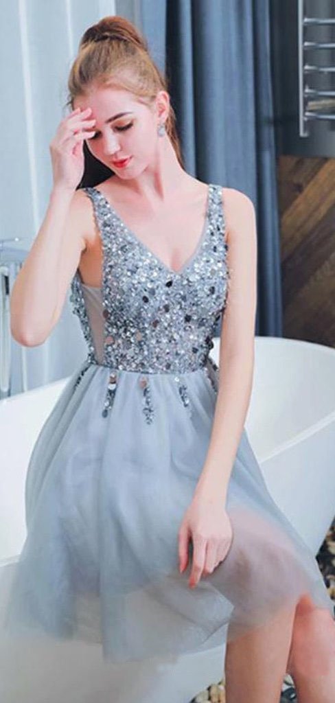 Bling A Line V Neck Light Blue Short Homecoming Dresses With Beading DMO42