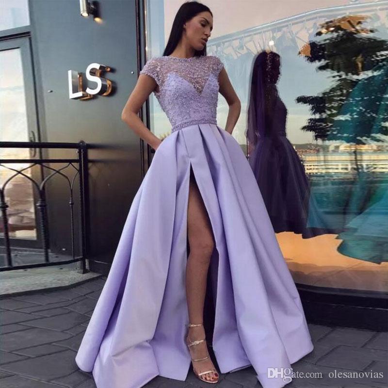 Light Purple A Line Satin Slit Cap Sleeves Prom Dresses With Pockets DME52