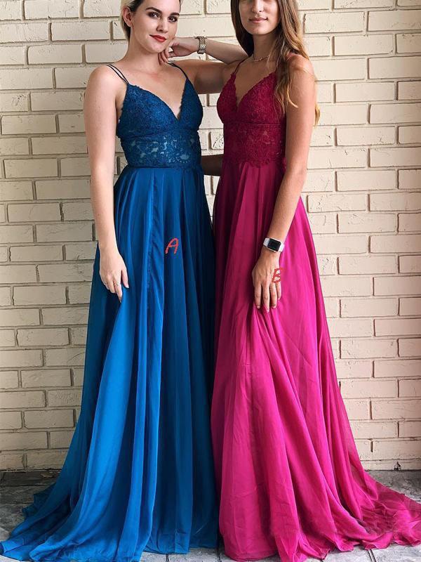 Spaghetti Straps A-Line Long Cheap Prom Dresses with Lace Top DMO54