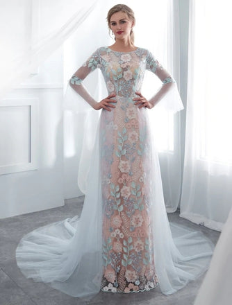 Colored Wedding Dresses Elegant Lace Long Sleeve Prom Dresses With Train DMP187