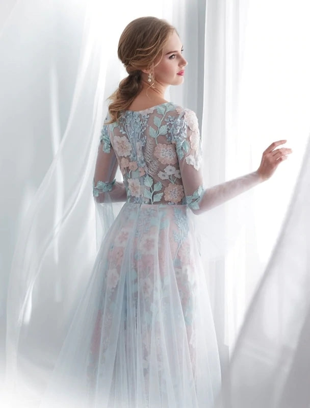 Colored Wedding Dresses Elegant Lace Long Sleeve Prom Dresses With Train DMP187