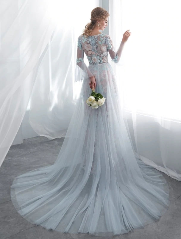 Colored Wedding Dresses Elegant Lace Long Sleeve Prom Dresses With Train DMP187