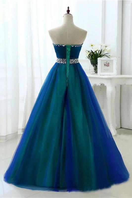 Contrast Colored Sweetheart Rhinestones Beading Sash A Line Long Prom Dresses DMS5