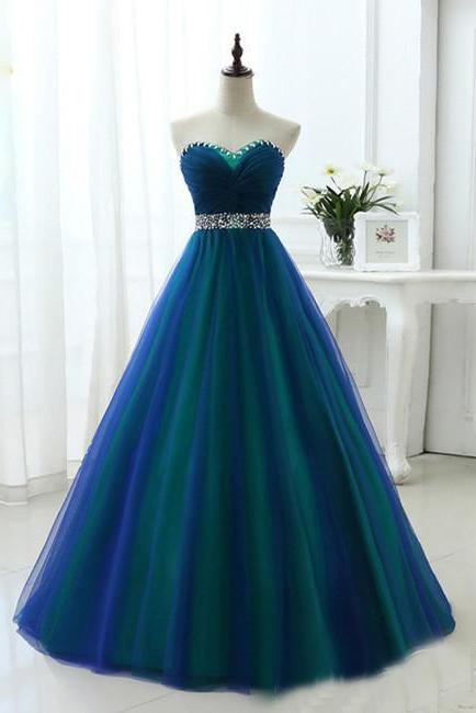 Contrast Colored Sweetheart Rhinestones Beading Sash A Line Long Prom Dresses DMS5
