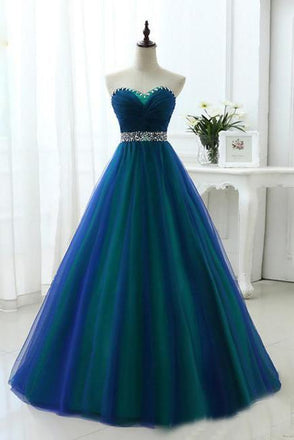 Contrast Colored Sweetheart Rhinestones Beading Sash A Line Long Prom Dresses DMS5