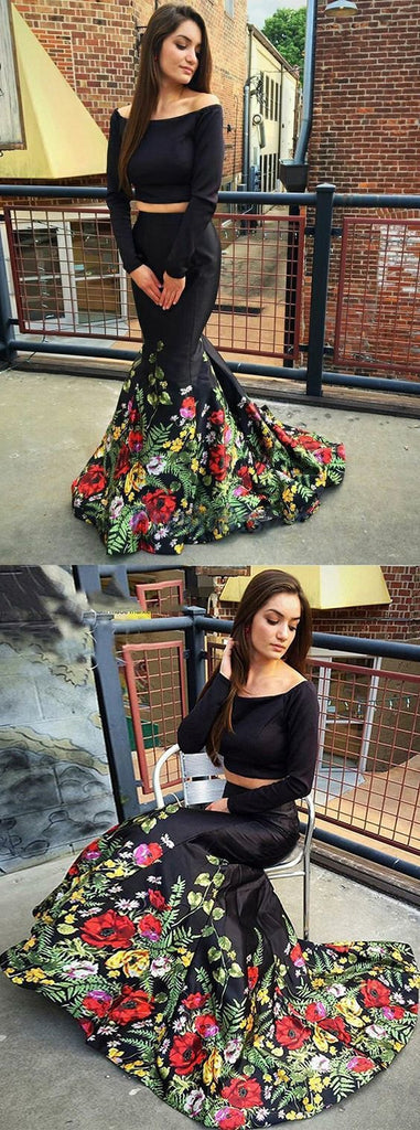 Two Piece Off the Shoulder Mermaid Long Sleeves Black Floral Printed Prom Dress DMB94