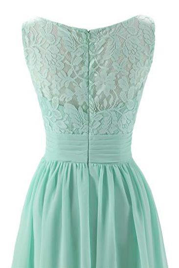Mint Green V Neck Long Simple Pleated Bridesmaid Dress with Lace  DMM57