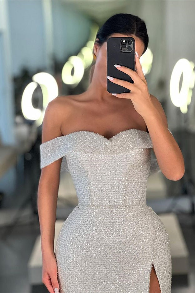 Mermaid Off White Off-the-Shoulder Sequins Prom Dress With Split DMP296