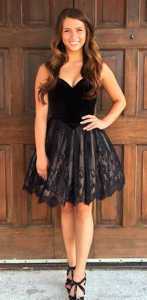 Cute Black Sweetheart Strapless Lace Prom/Homecoming Dress,Little Black Dresses DM354