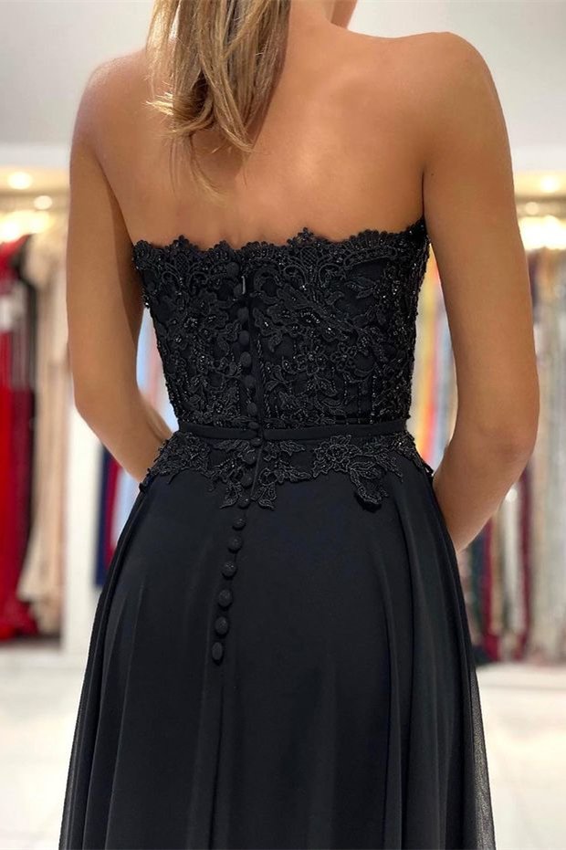 Modern Black Sweetheart Chiffon Long Prom Dresses Appliques With Split DMP153