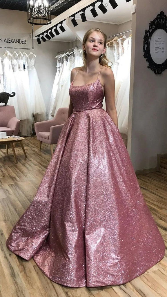A-line Scoop Spaghetti Straps Sparkle Long Prom Dress with Pockets DMP006