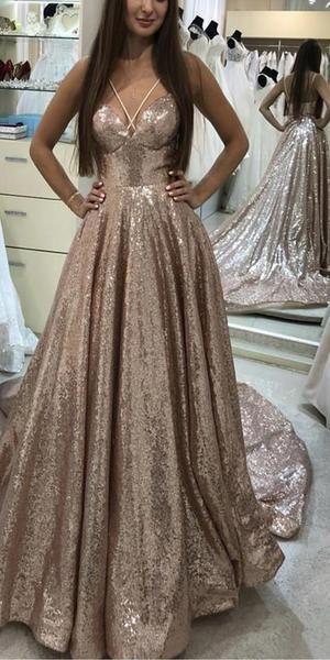 Sparkly Sequin V Neck Long Junior Prom Dresses with Straps DMI27