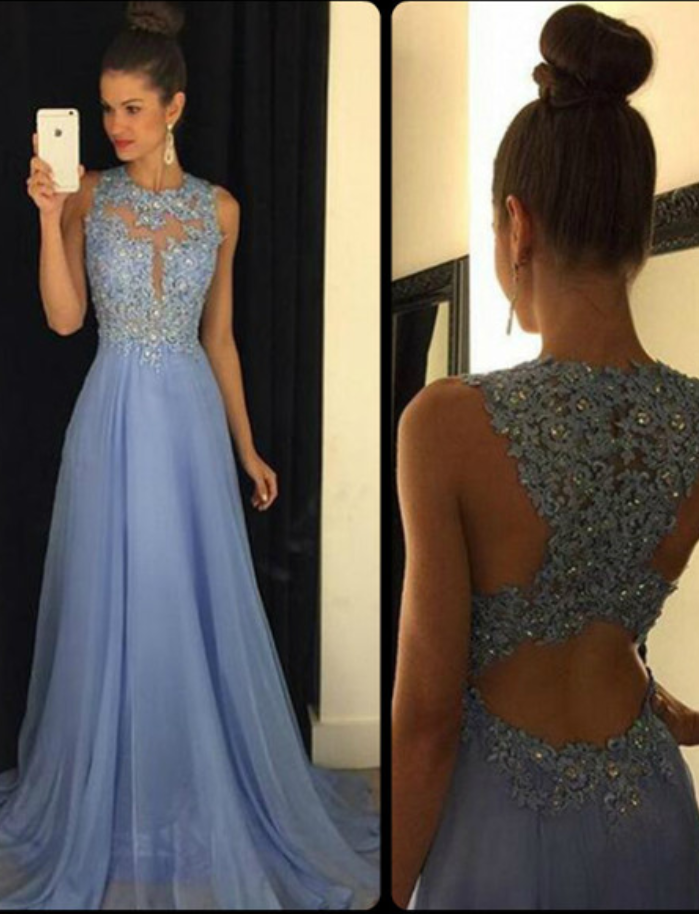 Lace Applique Beads Formal Long Chiffon A Line Prom Dresses DMG94
