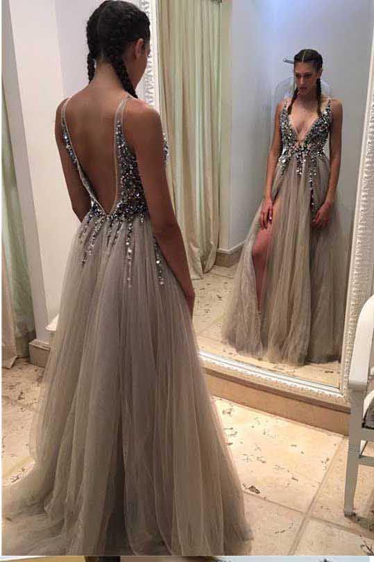 Sexy Deep V-neck Long A-line Tulle Backless Lace Prom Dresses Women Dresses K769