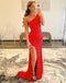 Fuchsia Mermaid One Shoulder Prom Dresses With Slit Sequin Evening Dress DMP154