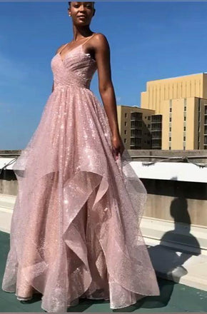 Spaghetti Straps Ruffled Sparkly A Line Pink Long Prom Dress Evening Party Dresses DM1062