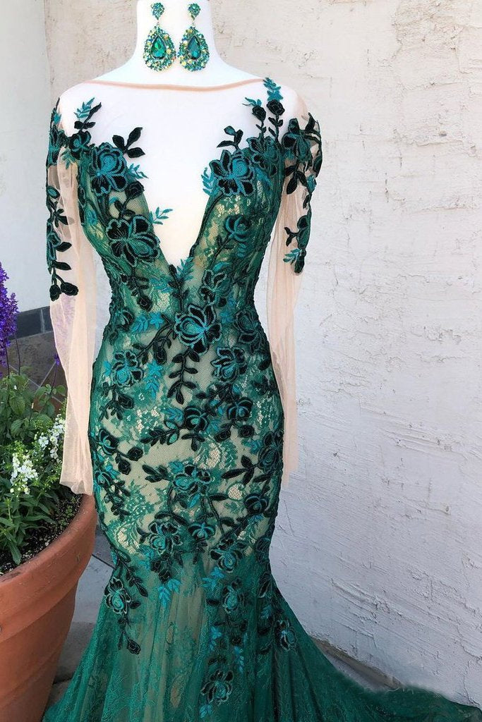 Mermaid Dark Green Prom Dresses With Long Sleeves Illusion Neck Party Dresses DMS6