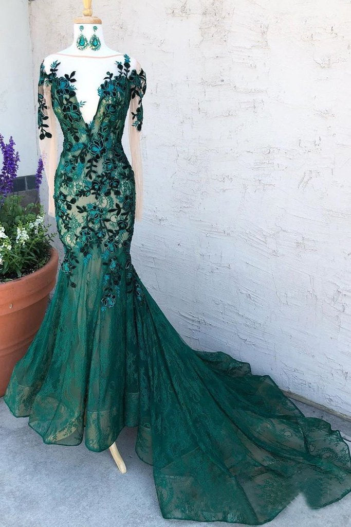 Mermaid Dark Green Prom Dresses With Long Sleeves Illusion Neck Party Dresses DMS6