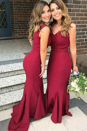Dark Red Mermaid Bridesmaid Dresses V-neck Sweep Train Wedding Guest Dress DMO16