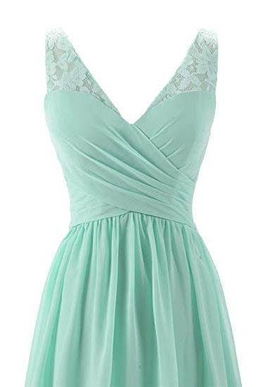 Mint Green V Neck Long Simple Pleated Bridesmaid Dress with Lace  DMM57